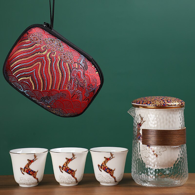 Portable Ceramic Kung Fu Tea Set One Pot and Three Cups Glass Travel Tea Set Japanese-style Hand Painted Home Tea Set Supplies: C--4-piece set