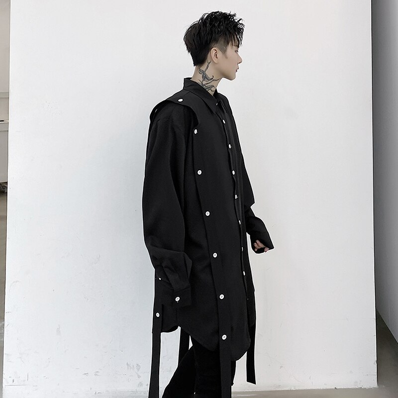 Goth – chemise punk rock à manches longues pour homme, chemise Extra longue avec de nombreux boutons, en noir et blanc, collection printemps été automne