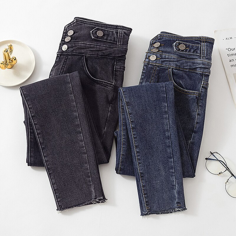 Skinny jeans voor dames, hoge taille, drie knopen, zwarte denim potloodbroek voor dames, koreaanse chique lange jeans voor dames