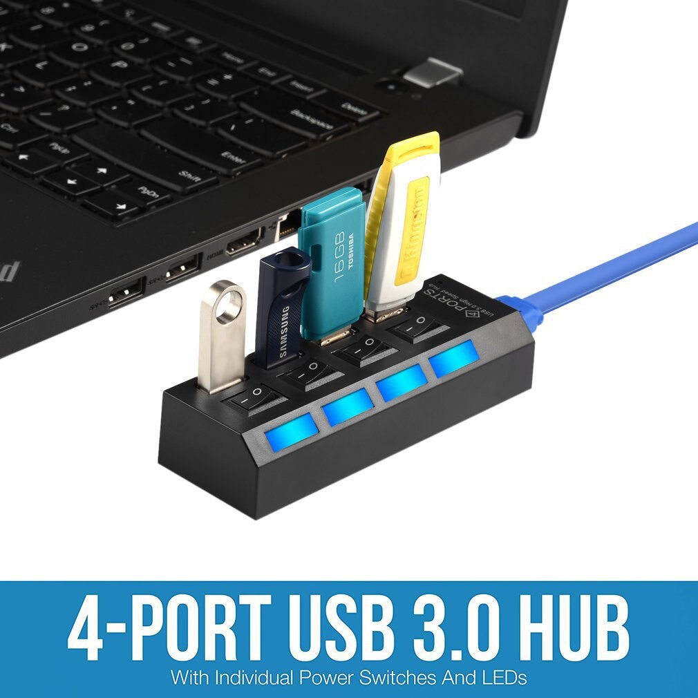 High Speed USB 3.0 Hub 4 Ports Speed 5gbps with On/off Switch and Cable Universal for PC Laptop Computer Desktop Black