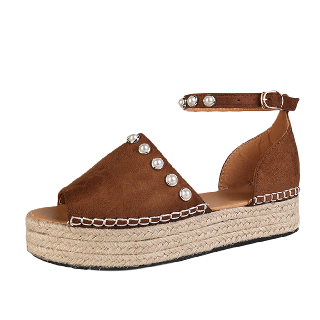 Womail Leopard Print Wedges Sandals Roman Shoes Ladies Pearl Open Toe Sandals With Ankle Strap Summer Sandals Women: BW / 35