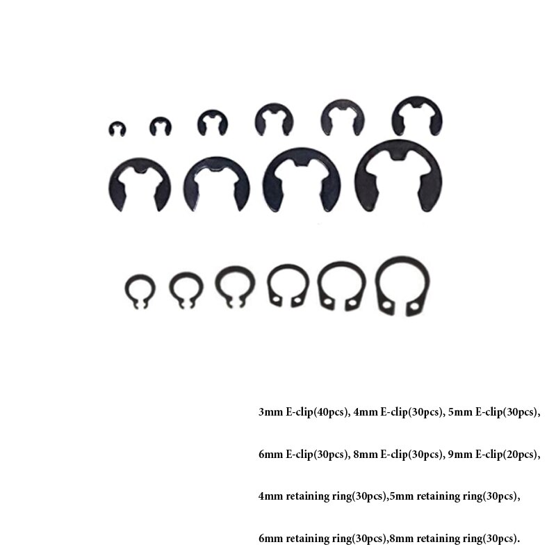 300Pcs Internal External Retaining Circlips 3mm 4mm 5mm 6mm 8mm 9mm E-clip Washers Snap Retaining Ring Assortment Kit