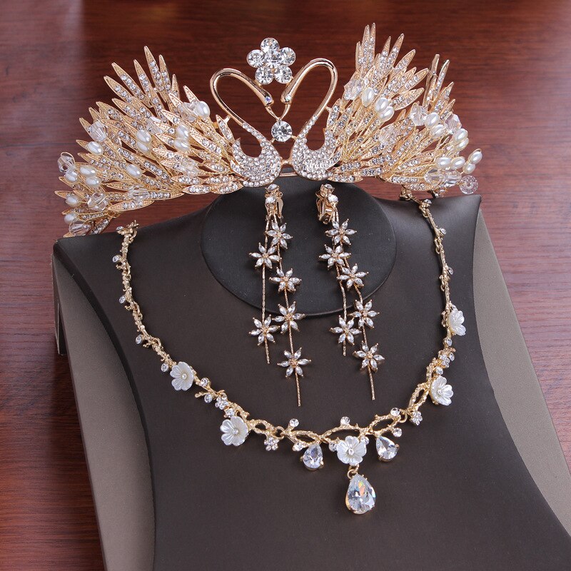 CHUHAN ensembles de bijoux de mariée coiffure accessoires de cheveux de mariage couronne collier boucles d'oreilles 3 pièces accessoires de mariage C357: Or-couleur