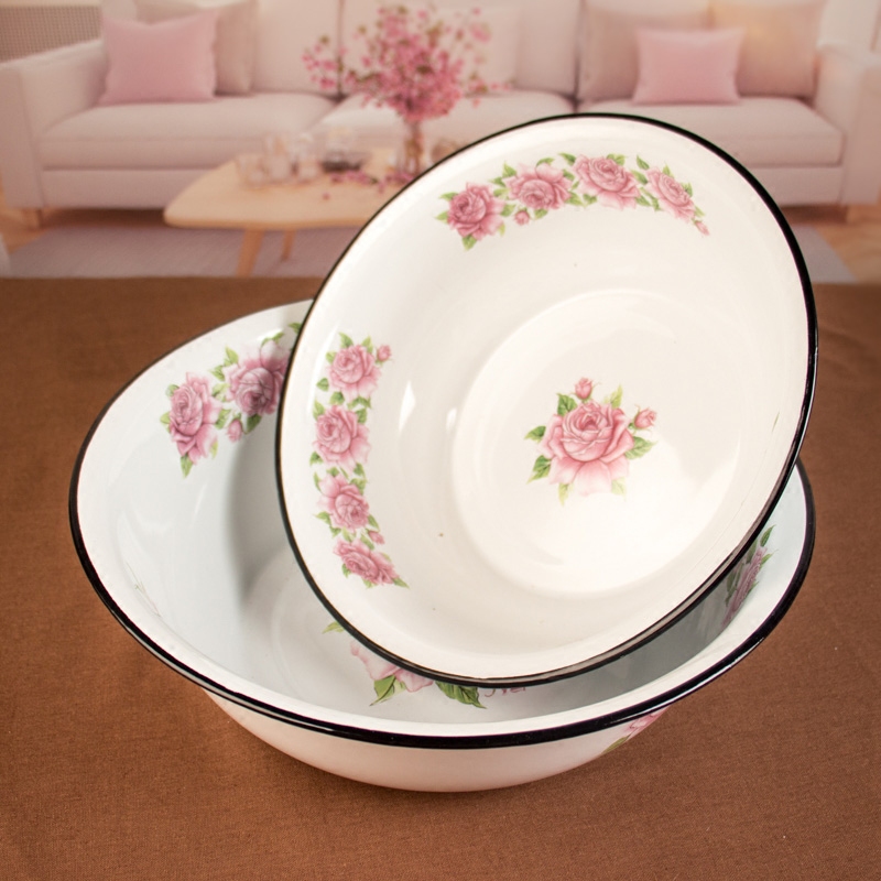 Antique Enamel Porcelain Bowl Wash Basin Chinese Traditional Totem High Power Capacity Kitchen Tableware Laundry Tub