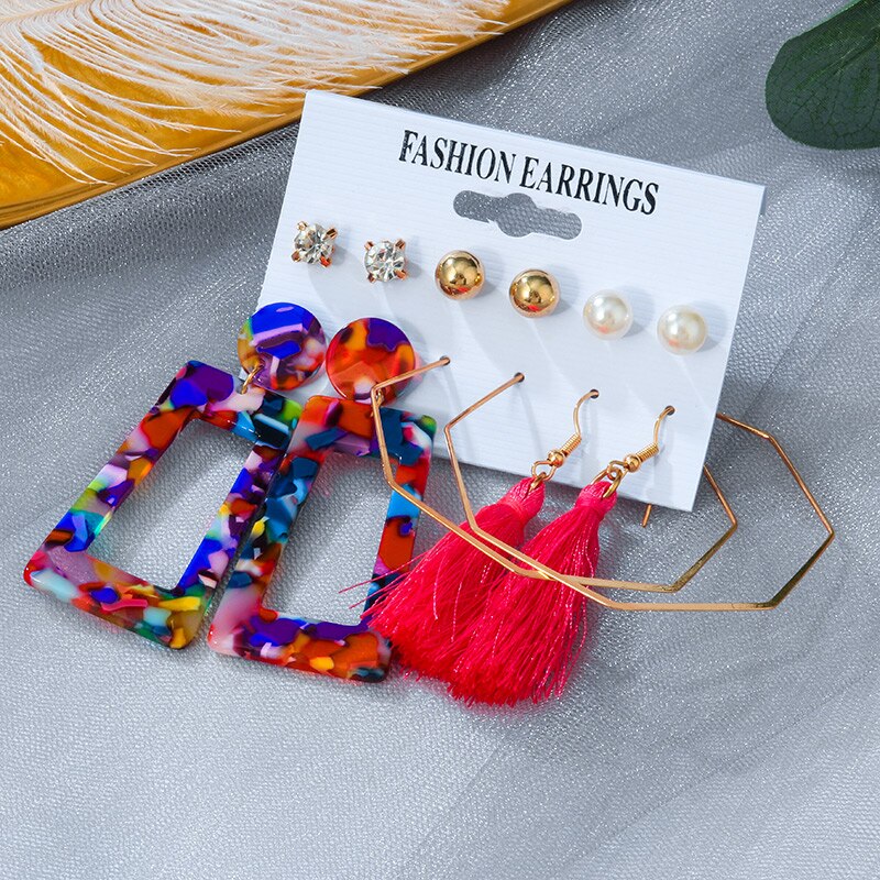 Statement Korean Acrylic Earrings Set Summer Geometric Pearl Tassel Acetate Earrings for Women Vintage Jewelry: Combination 297