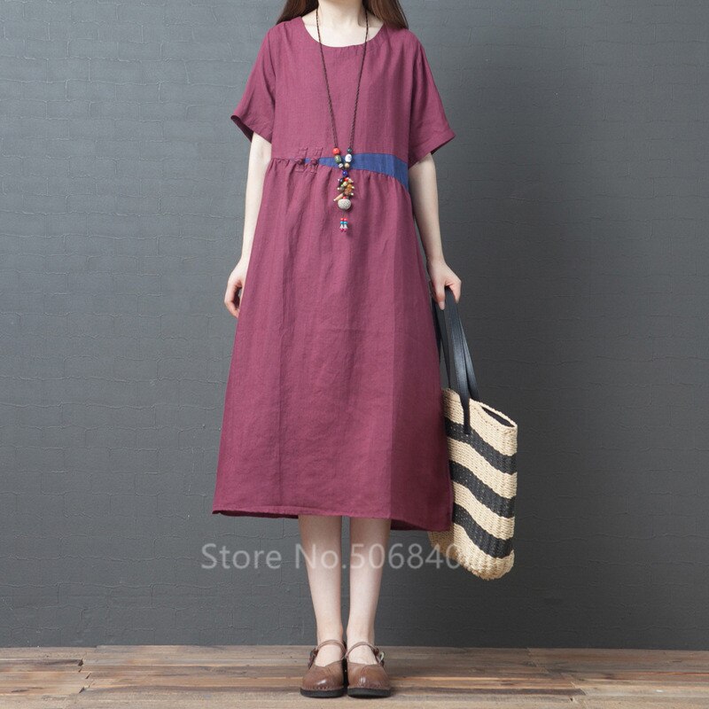 De manga corta verano las mujeres vestido de lino de algodón o-Cuello Vintage tradicional de talla grande de vacaciones Casual Midi vestido túnica: Color1 / M