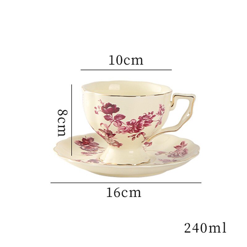 Vintage Blue Teapot Tea Cup Set Rose Ceramic English Country Coffee Cup Saucer Pot Classical Home Kitchen Dessert Cake Plate: Red Cup Saucer