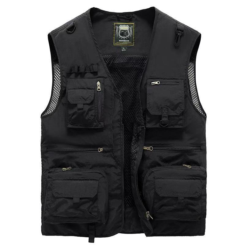 Chaleco con múltiples bolsillos para hombre, abrigo fino para fotografía, pesca, trabajo al aire libre, verano,: XXL / Negro