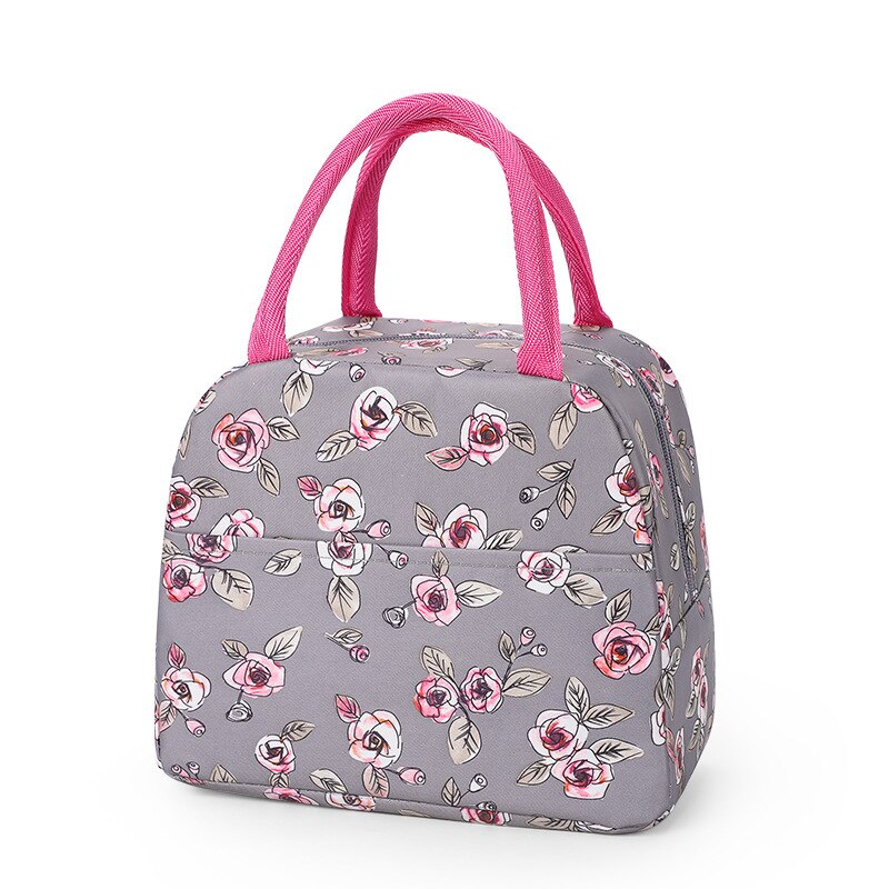 Functional Cute Pattern Lunch Bag Portable Insulated Canvas Cooler Bog Thermal Food Picnic Lunch Bags For Women Kids: Gray Rose