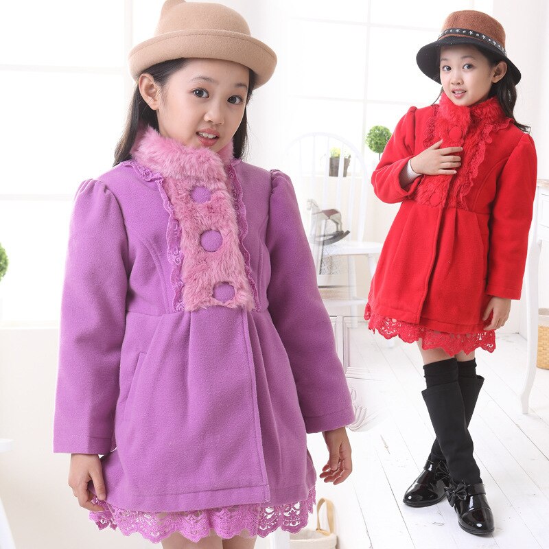 Elegante prinses winter wollen jas met opstaande kraag en bontkraag, warme winterjas voor meisjes, roze, rood ,120-160cm