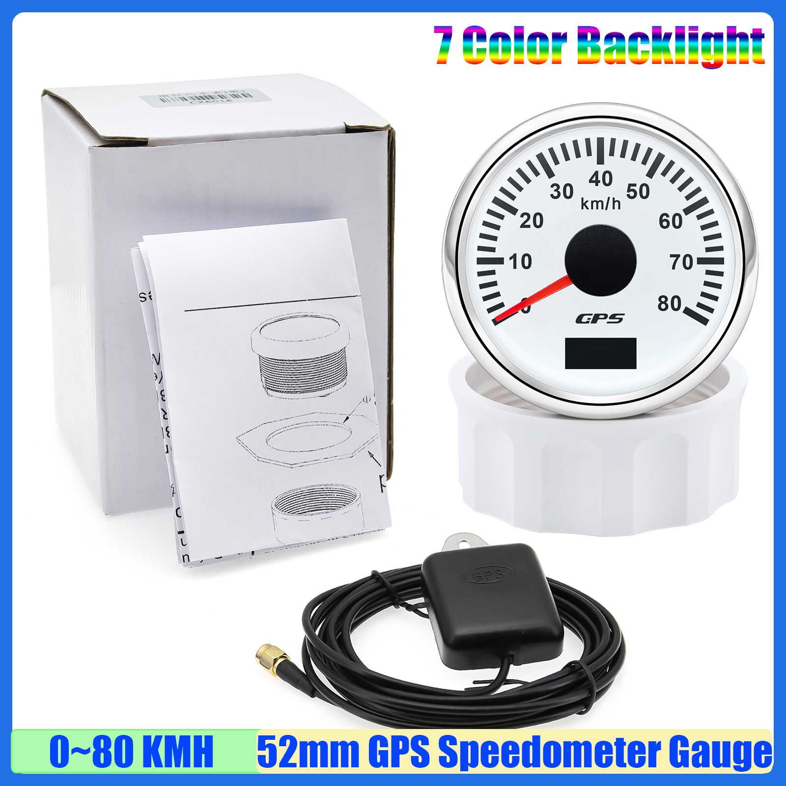 30 km/t 60 km/t 80 km/t 120 km 200 t gps-speedometer med antenne 7- farvet led-hastighedsmåler kilometertæller auto bil båd 12 v 24v brugerdefineret: Sølv