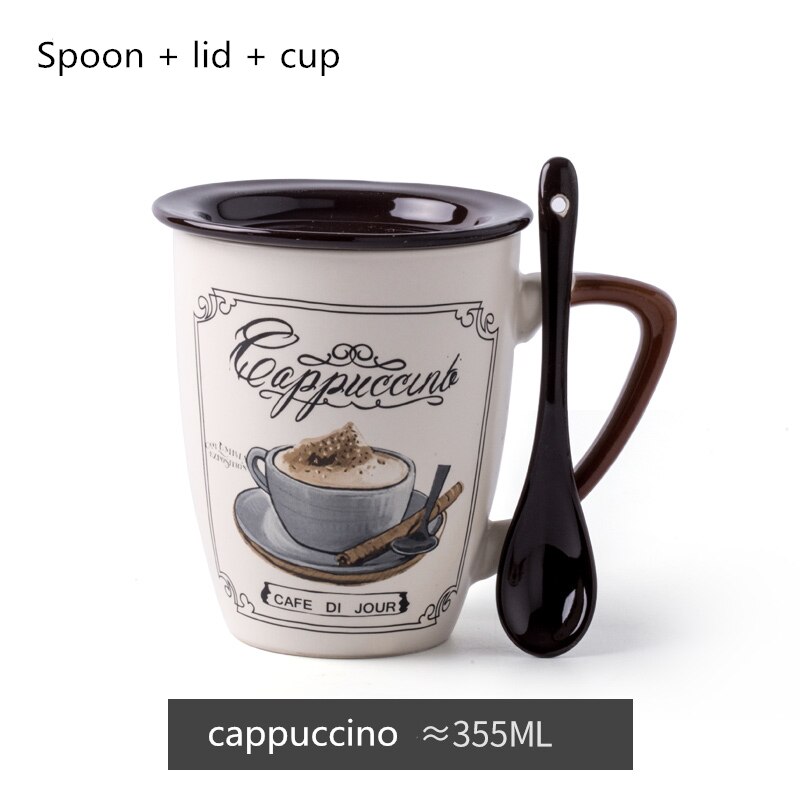 Pequeña taza de café de lujo de estilo europeo, creativa taza de agua de cerámica para hombres y mujeres, taza para el hogar, Taza de leche con tapa, cuchara