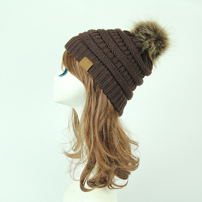 Femmes hiver tricot Slouchy bonnet chapeau crâne casquette de Ski fausse fourrure Pom Pom chapeaux pour les femmes: Coffee