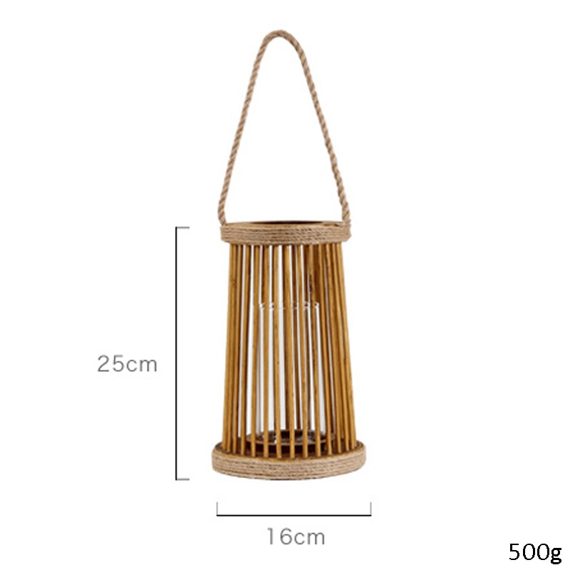 European Indoor And Outdoor Decor Natural Willow Wicker Hanging Wooden Candle Lantern With Hemp Rope Handle And Glass Cup Inside