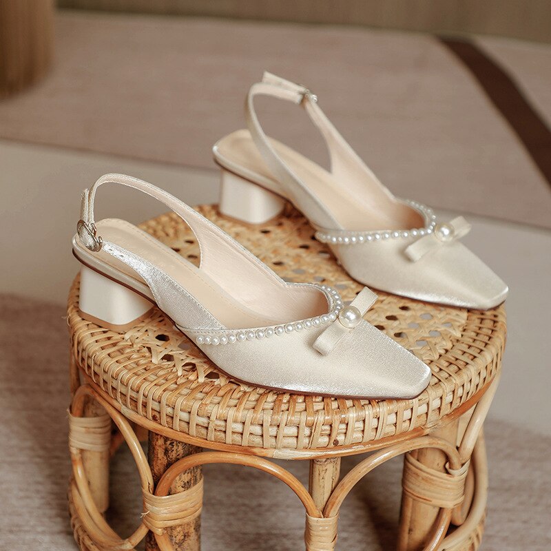 4.5cm nowe modne sandały kwadratowe palec u nogi satynowe z koralikami niskie obcasy kostki zawinąć kobiety buty 38 39: beige 4.5cm / 39