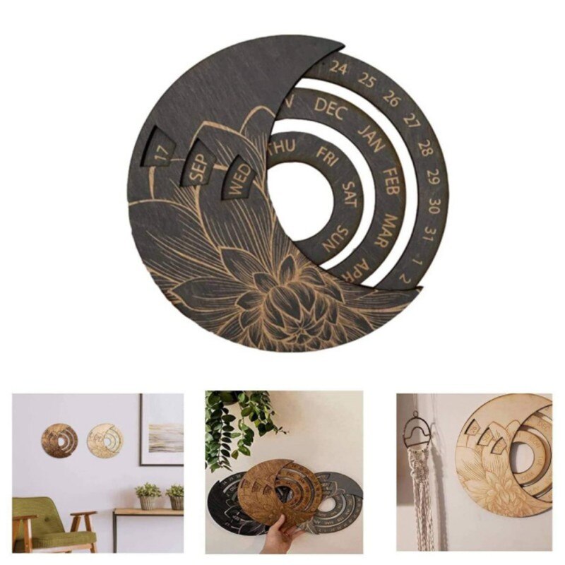 Round Wooden Moon Adjustable Perpetual Wall Calendar Rotatable Circular DIY Hand-Carved Calendar Retro Home Decoration