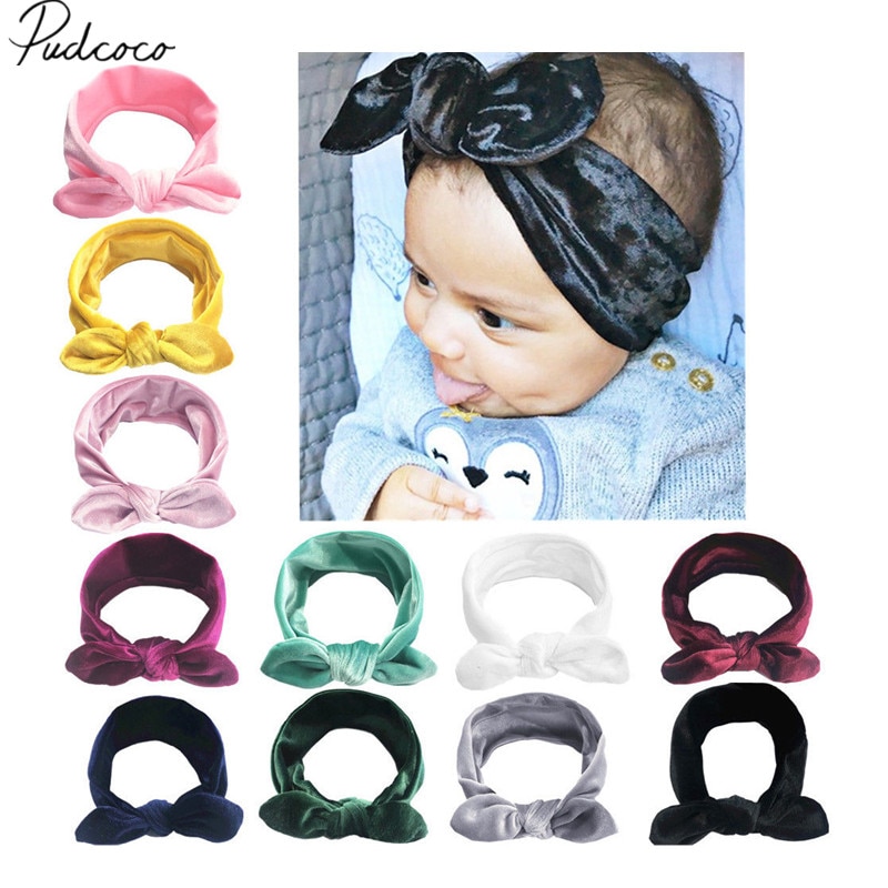 Gloednieuwe Peuter Baby Meisjes Fluwelen Lint Hair Bows Hoofdbanden Bunny Oren Grote Boog Haarbanden Candy Kleur Solid hoofddeksels