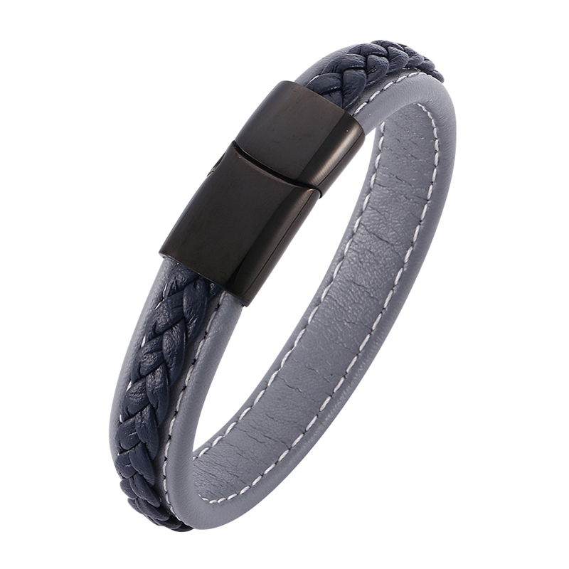 FORTAFY Men Punk Jewelry Gray &amp; Blue Braided Leather Bracelet for Mens Bracelets Stainless Steel Magnetic Clasp Wristband FR0011: Black color clasp / Inner Perimeter175mm