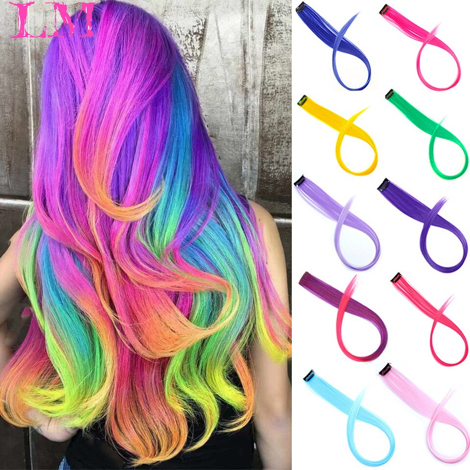 LM Long Straight Rainbow HairPiece Hair Extensions Clip In Hair Streak Pink Synthetic Hair Piece Strands on Clips