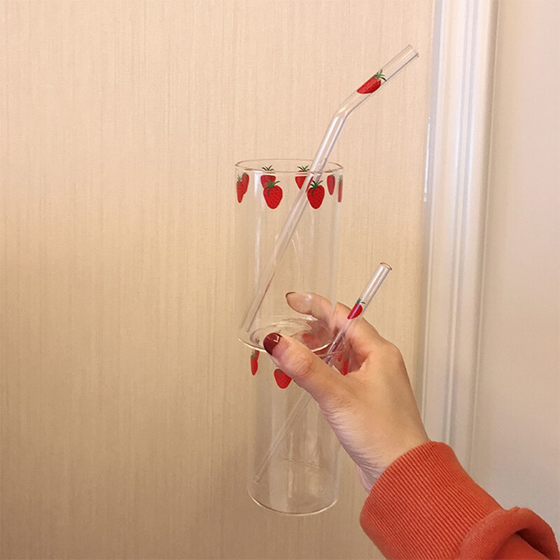 Ins Nana-vasos de fresa resistentes al calor para café, leche, agua, con pajita, transparentes, bonitos, para zumo, bebidas frías