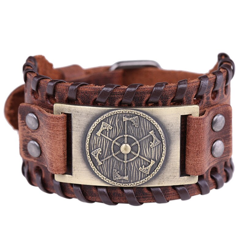 Skyrim – bracelet en cuir large avec pendentif de hache Viking, bijoux de la mythologie nordique, amulette Kolovrat esclave Wicca Pulseira: wide brown-bronze