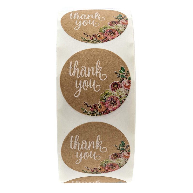 Kraft Floral Thank You Stickers - 1 inch Circle Labels / 500 Per Pack