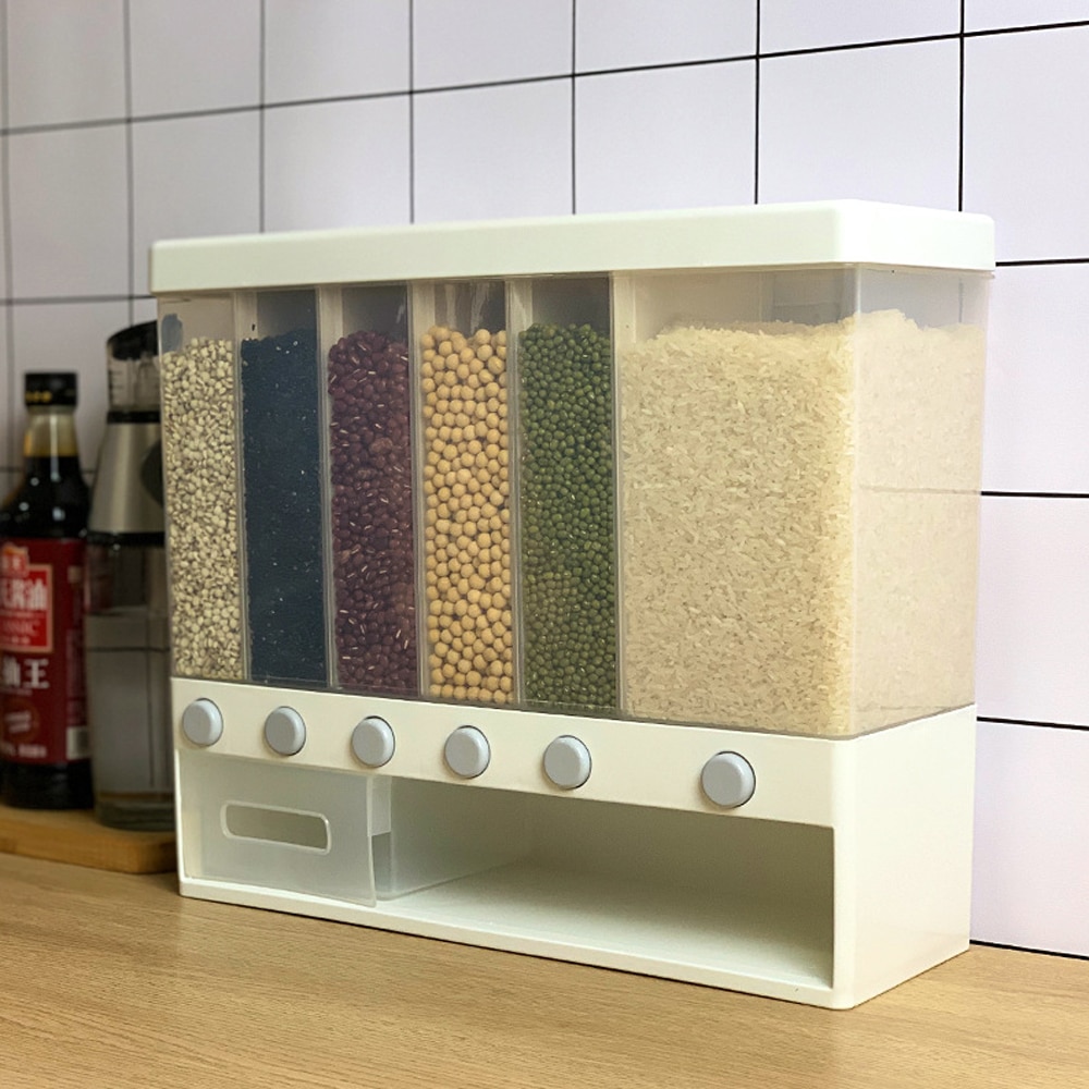 Moisture Proof Wall Mounted Cereal Dispenser 6 Grids Rice Container Dispenser Plastic Automatic Racks Sealed Food Storage Box