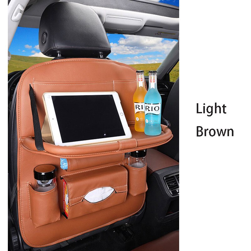 Car Ceat Storage Bag Hanging Universal Auto Multi-pocket PU Organizer Bag Leather Pad Car Ceat Shopping Cover: Light Brown
