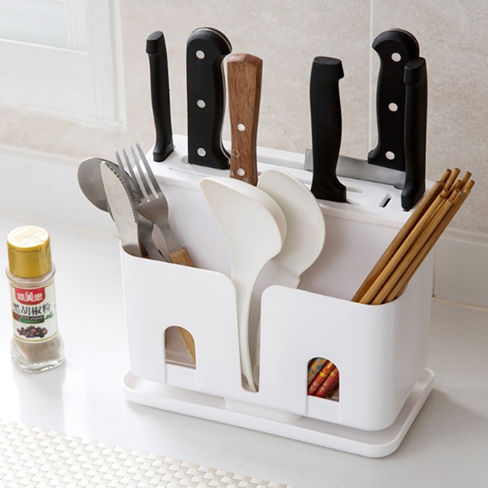 Køkkenredskabsholder plastik knivstativ holder organizer multifunktionel køkken opbevaringsboks stativ bestikholder: Hvid