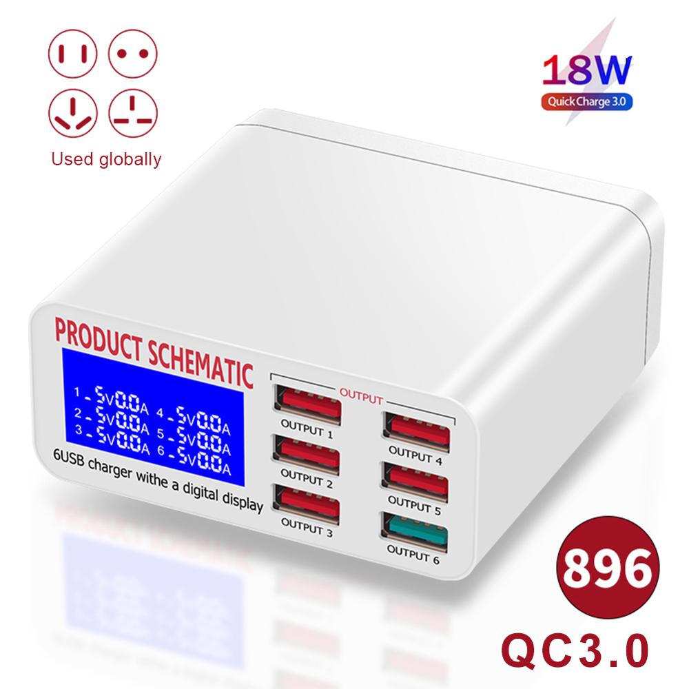 8a 6 portas qc3.0 carregador usb com display lcd de desktop carregador do telefone móvel inteligente carregamento rápido para telefones inteligentes tablet pc: AU / 896 QC3.0