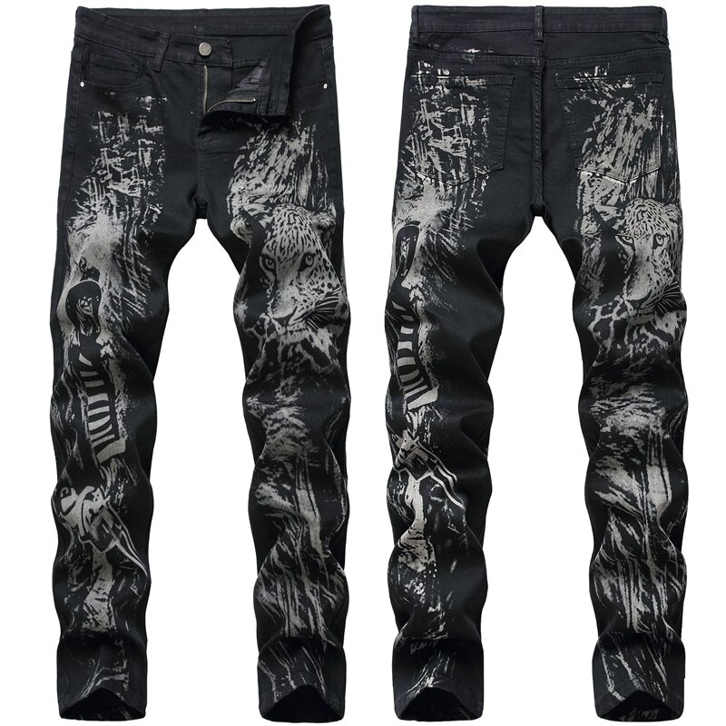 Jeans Men High-end Original Animal print Trouser Hole Chic personality Casual Student Korean Stylish Soft