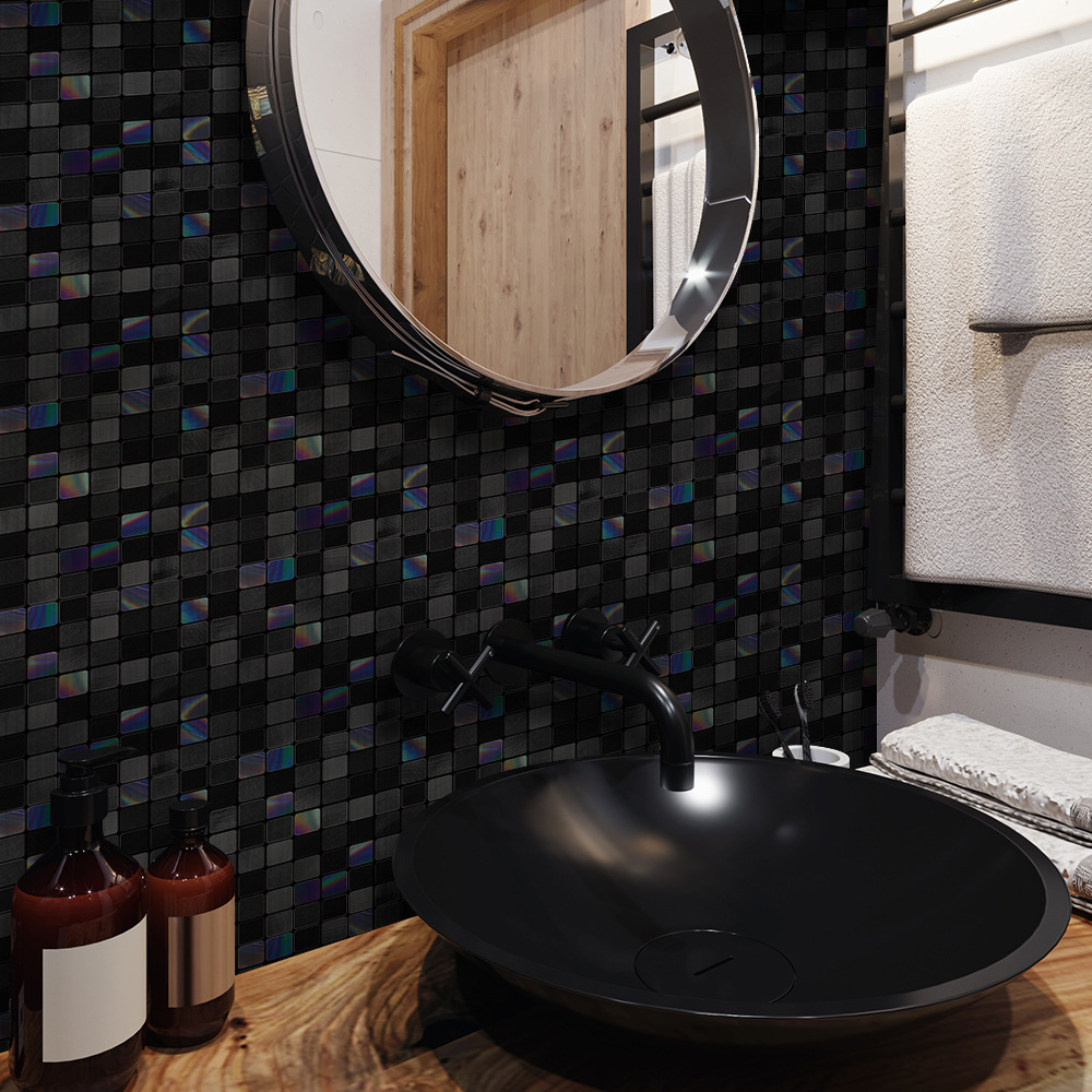 Black Rainbow Mosaic Tile stickers Metal texture 25 pieces of decorative wall stickers Kitchen renovation waterproof wallpaper