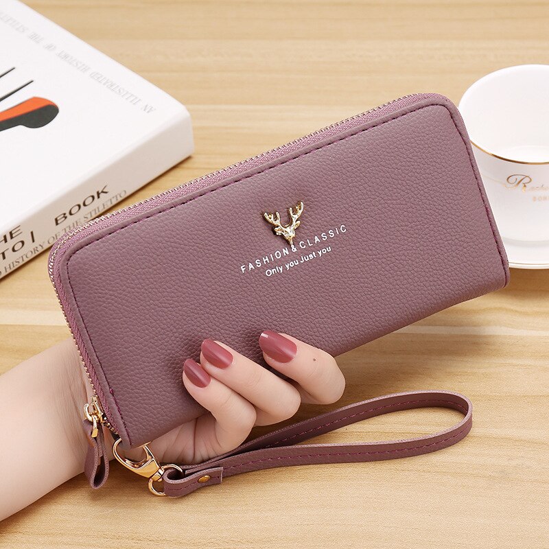 Womens Clutch Wallets PU Leather Purses Female Wristband Leaf Print Long Women Purse Large Capacity Bag Women Wallet: C079-25 purple