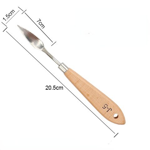 Raspador de arte de forma especial de cerámica de acero inoxidable, cuchillo de paleta de pintura acrílica con mango de madera, herramienta de cerámica con textura de pintura al óleo: J-5