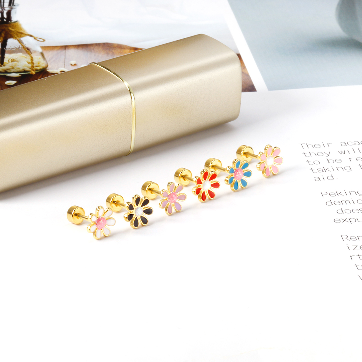 12 Paare/schachtel Blume Gänseblümchen Edelstahl Ohrstecker mit Glitzer trendige süße hypoallergene lässige Ohrringe Schmuck 2024