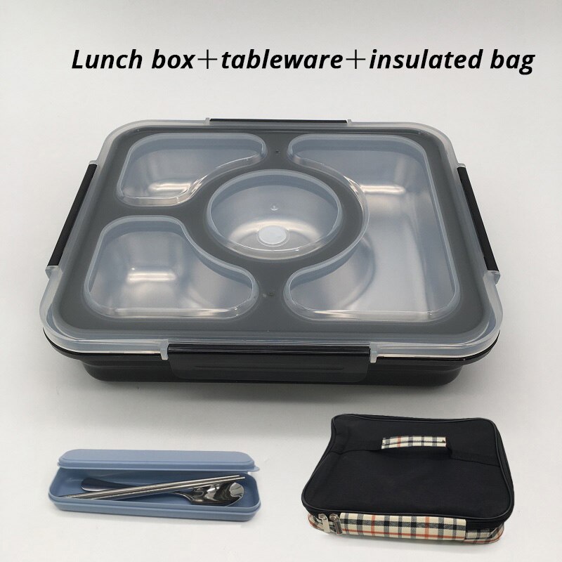 Rvs Lunchbox Voor Kid Verwarmd Lunchbox Keuken Accessoires Bento Box Maaltijd Prep Voedsel Container Opslag: Black 4 grip package
