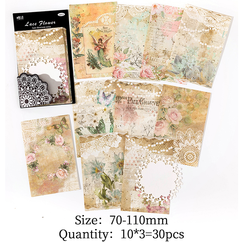 Papel decorativo de encaje Vintage de 30 piezas, material para álbum de recortes, papel de fondo hecho a mano, suministros de artesanía Retro: Gris claro