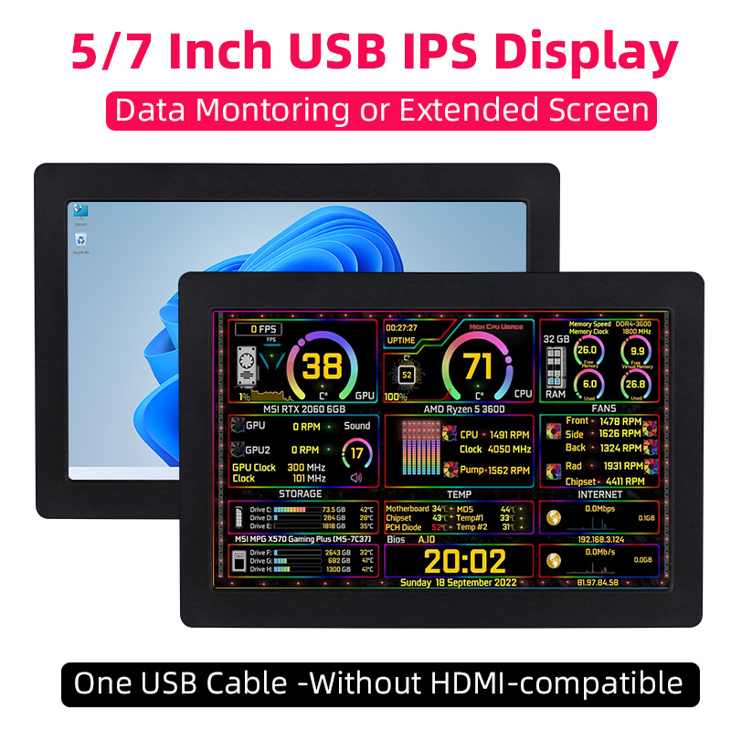 5 / 7 inch ips usb secundair scherm 1024*600 met één kabel aida 64 monitoring display ondersteuning desktop uitgebreid lcd voor win 10/11