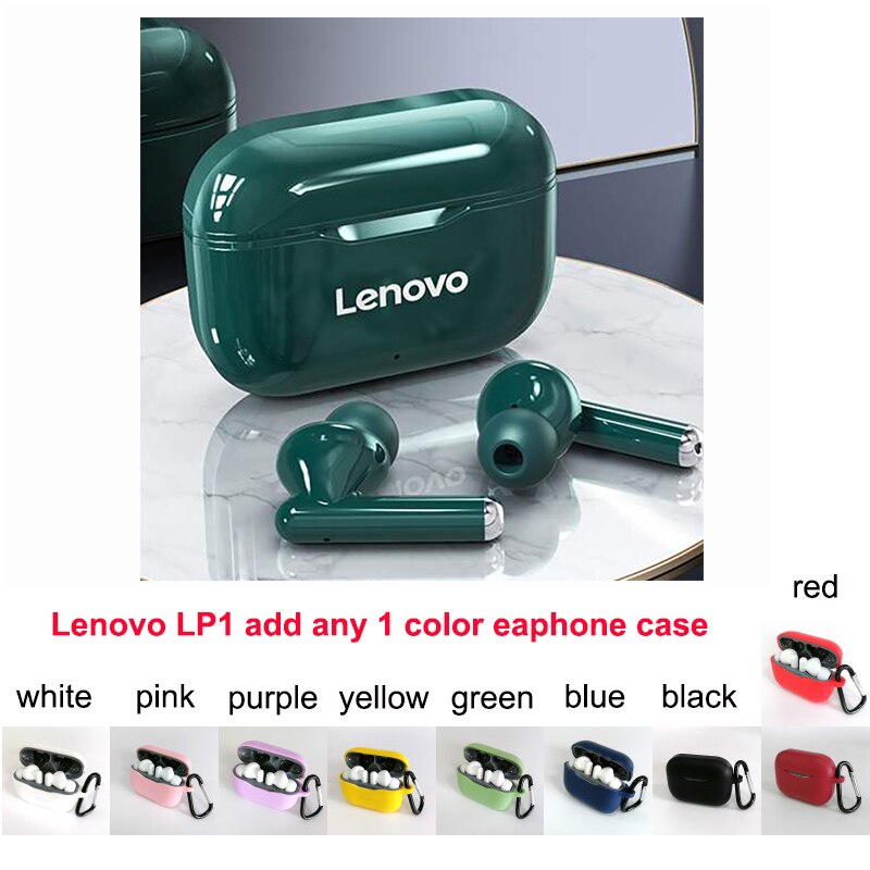 Lenovo LP1 TWS Wireless Earphone Bluetooth 5.0 Dual Stereo Noise Reduction HIFI Bass Touch Control Long Standby 300mAH Headset: green with cover