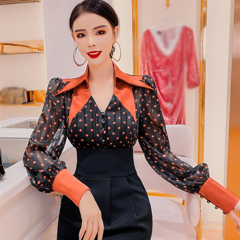 Vgh polka dot vintage skjorte for kvinner jakkeslag langermet casual gjennomsiktig chiffon elegant bluse kvinnelig høststil klær