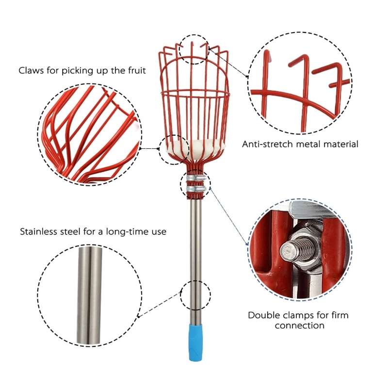 Detachable Stainless Steel Handle High Altitude Fruit Picker with Large Basket