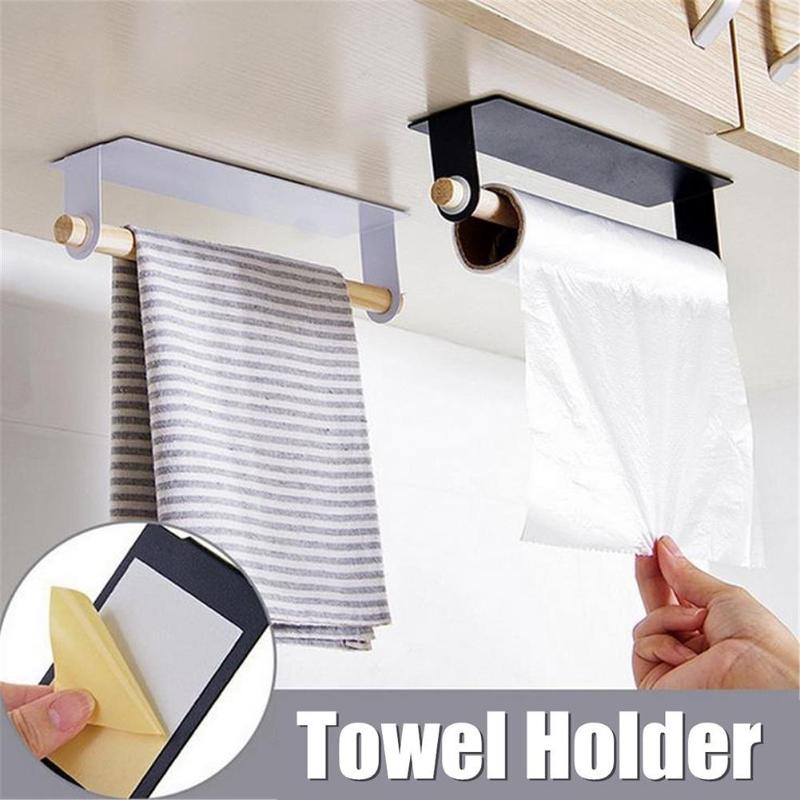 Adhesive Kitchen Towel Holder Bathroom Roll Paper Holder Storage Rack Tissue Shelf Kitchen Bathroom Organizer Towel Rack