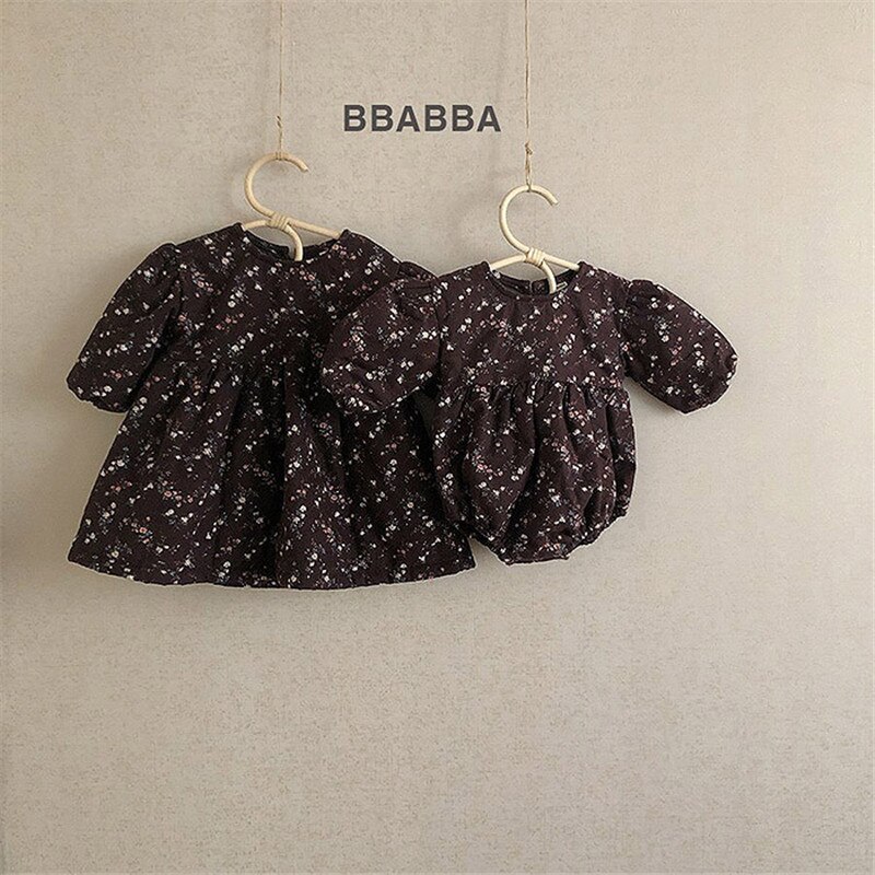 Herfst Koreaanse Baby Meisjes Kleding Bloemenprint Little Sisiter Bodysuits Grote Zus Jurk Katoenen Meisjes Jurk Retro Baby Bodysuit