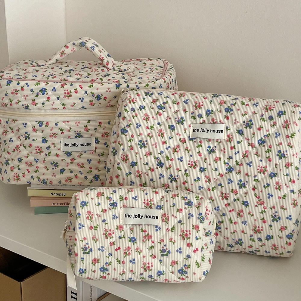 Moda Vintage Flower Women Makeup Bag Cotton Tote Portable Female Cosmetic Storage Handbag Travel Organizer Zipper Quilted Bag