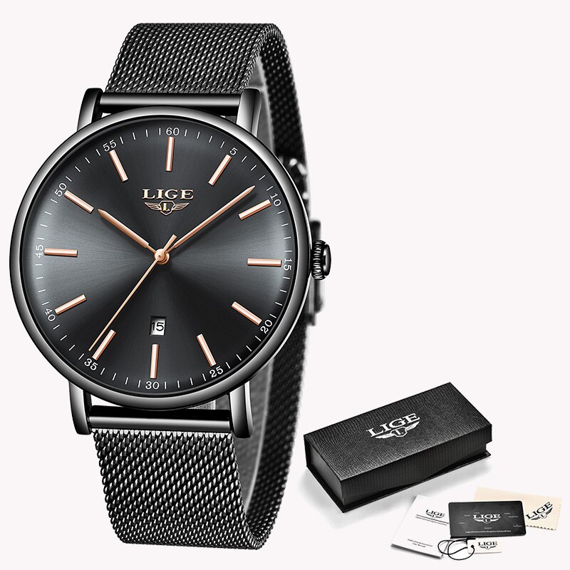 LUIK Vrouwen Horloges Rvs Mesh Riem Horloge Eenvoudige 8mm Ultra-dunne Quartz Klok Horloges Voor vrouwen + Box: Black gold need