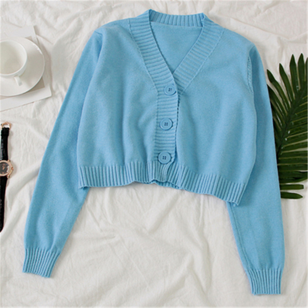 Women's Cropped Cardigan Sweaters Female Black White Short Sweater V Neck Single Breasted Sweater Woman Knitted Cardigan PZ3230: Blue