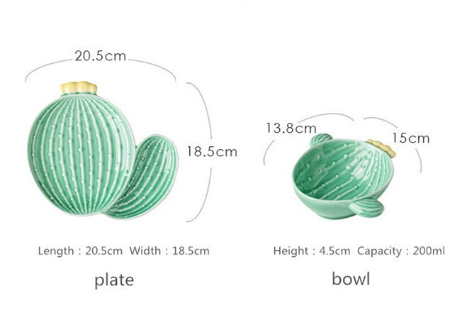 Plato de cactus de planta creativa, vajilla de forma linda, tazón de desayuno, vajilla de cerámica para el hogar, plato de aperitivos, 1 ud.: bowl and plaate