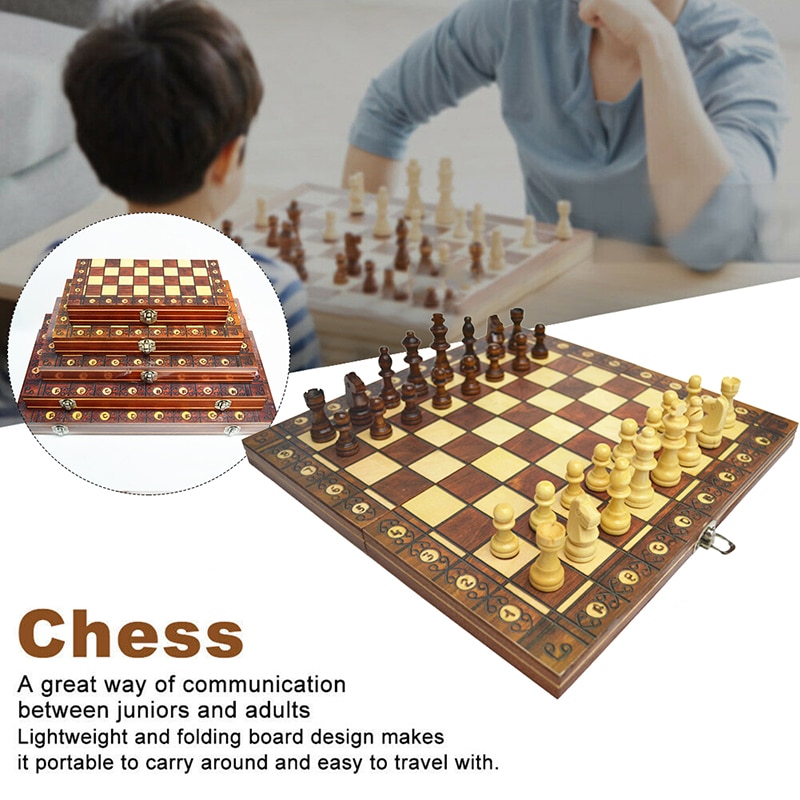 Large Magnetic Wooden Folding Chess Set Felted Game Board Interior Storage Adult Kids Family Game Chess Board