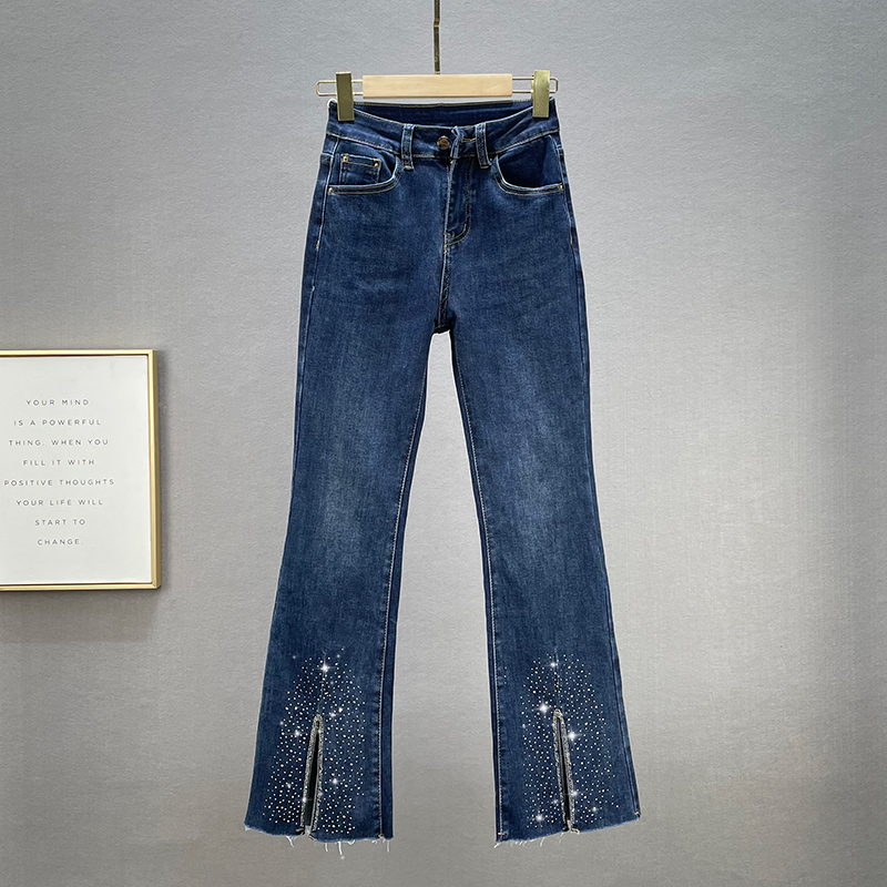 Jean fendu bleu foncé pour femme, slim, taille haute, évasé, élastique, automne