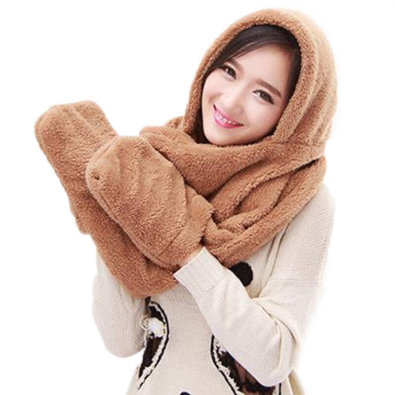 3 en 1 femmes hiver doux capuche écharpe Snood poche chapeaux gants à capuche Srarves écharpe chapeau gant 3 pièces ensembles: coffee
